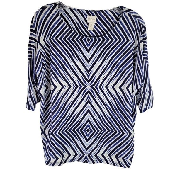 Chicos Travelers Tunic Top Shirt Women’s Size 2 US Large L Blue White Geometric - Picture 2 of 8